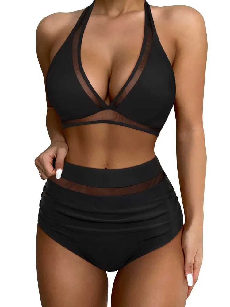 Conjunto de Bikini de cintura alta para mujer, bañador Sexy de realce, ropa de playa negra, traje de baño ajustable, Bikinis 2024