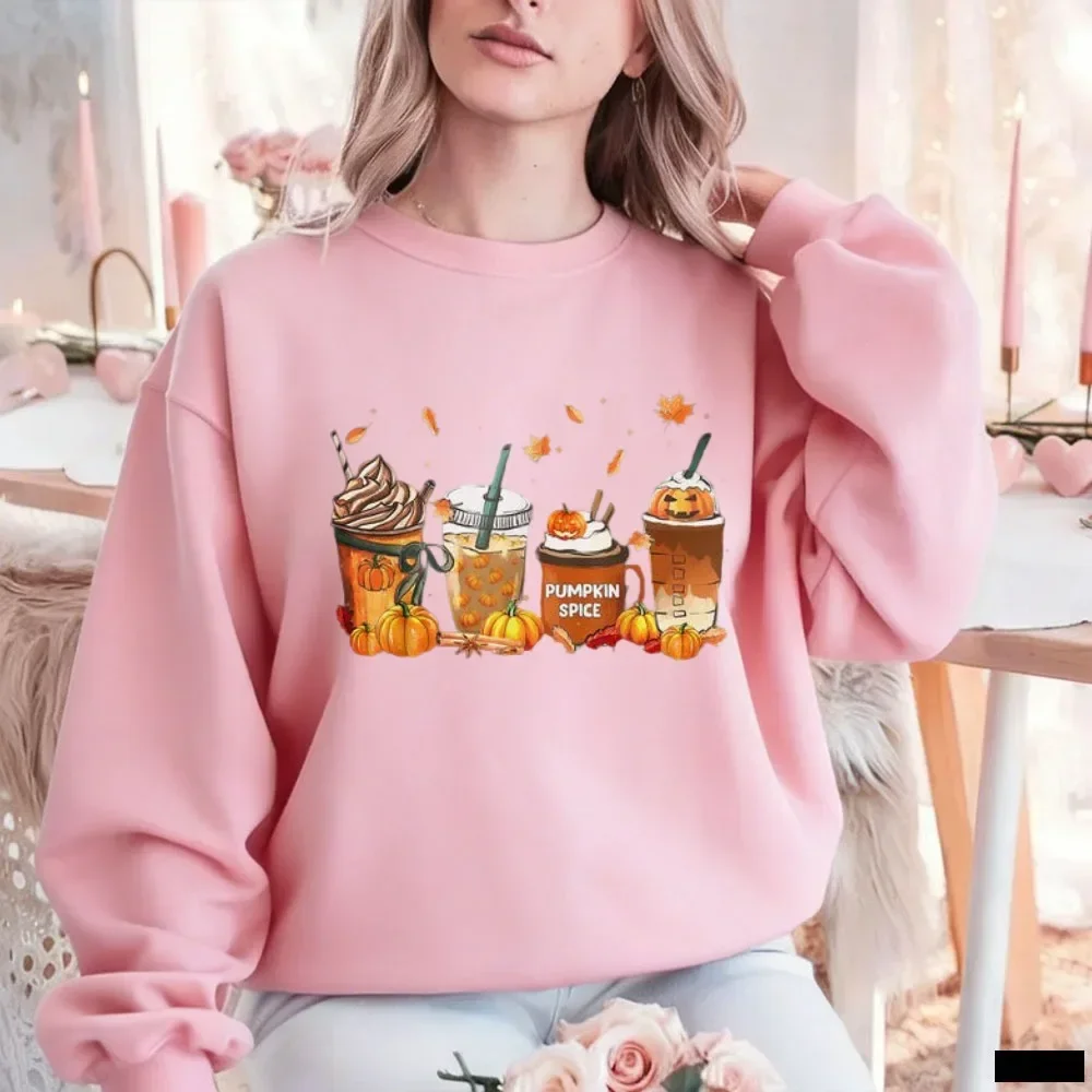Funny Halloween Pumpkin Spice Latte Sweatshirt Fall Coffee Cups Patch Leaves Graphic Pullover Cozy Women Autumn Winter Tops view 4