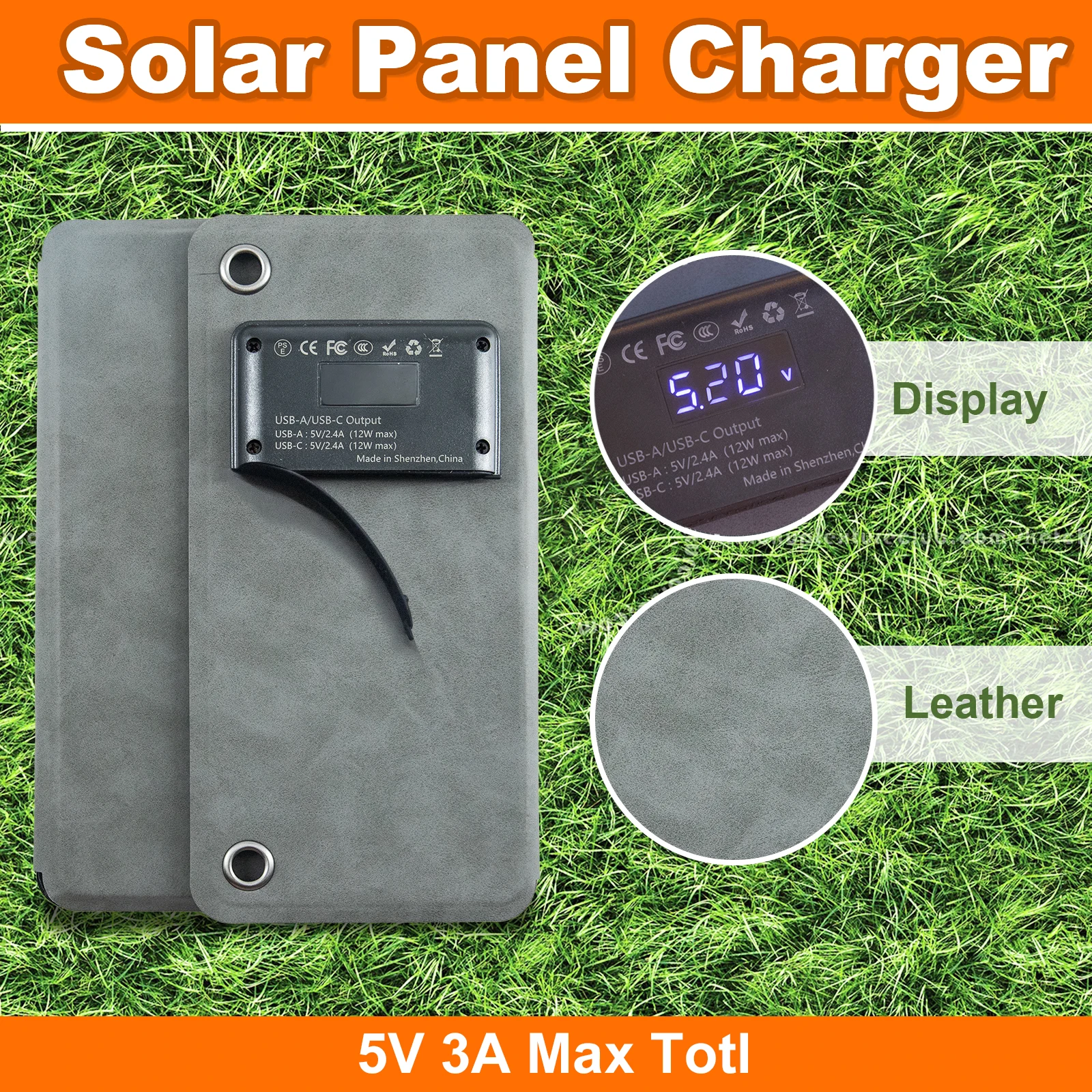 15W Foldable Solar Panel with USB-A & Type-C Charger - Portable Lightweight Leather Solar Panel for Power Banks, Phones, Hiking