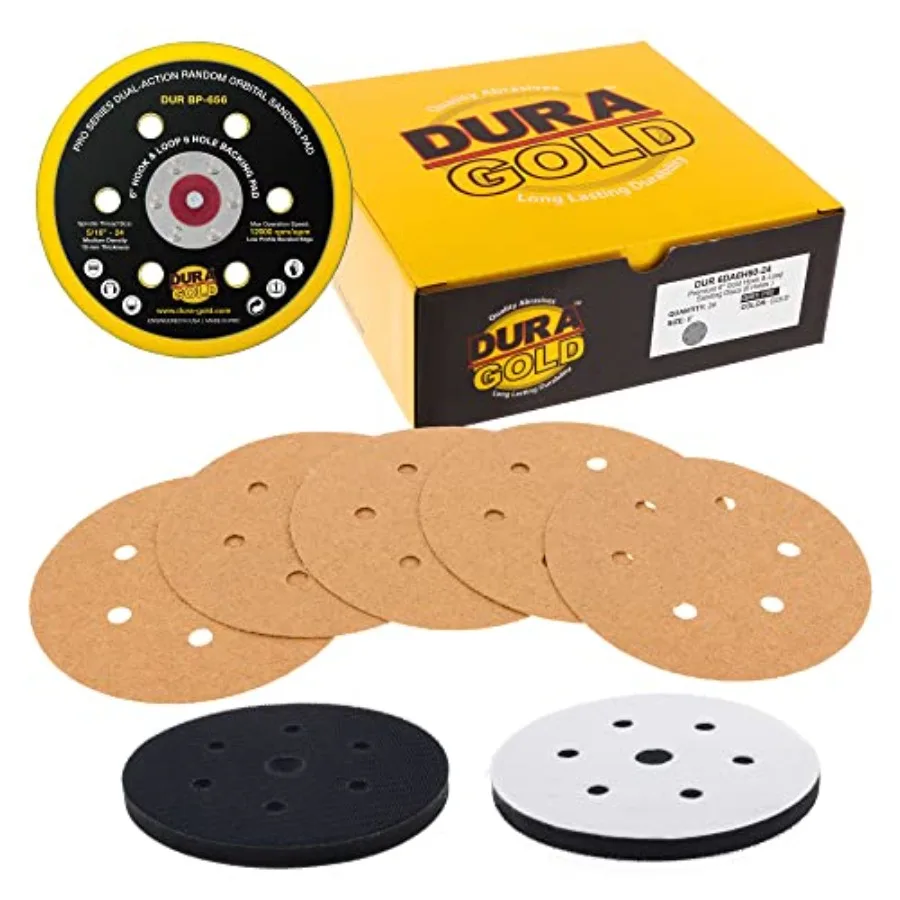 

Шлифовальные круги 6 дюймов - зернистость 60, с креплением на липучке, опорная тарелка для DA-шлифмашин и промежуточная прокладка мягкой плотности