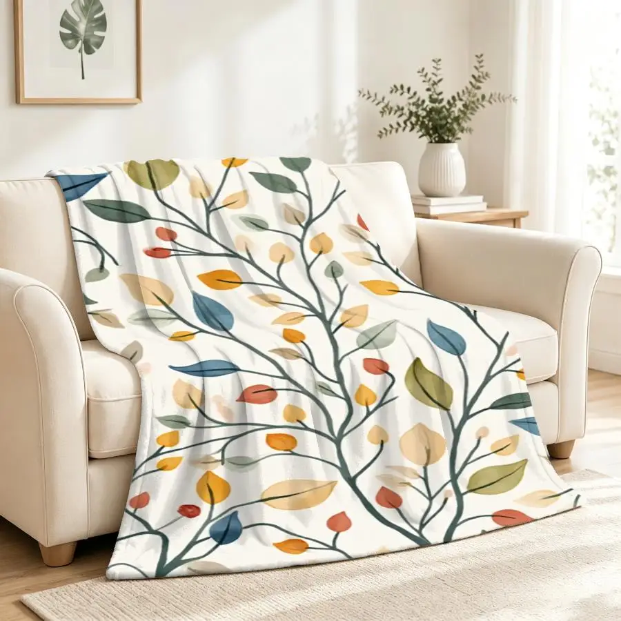 1pc Cozy Watercolor Branch Print Flannel Blanket - Lightweight Soft Warm Throw for Sofa, Travel, Camping, Living Room, Office, And Chair with Leaf Pattern on Off-White Background, Ideal Gift for Family And Friends Weighted Blanket 280GS