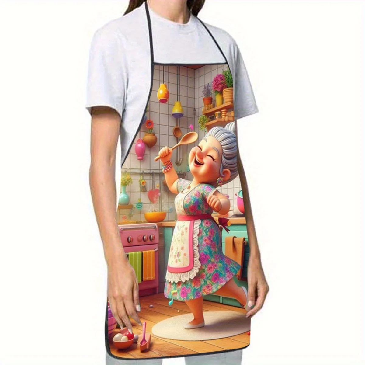 Happy Grandma Cooking Apron Joyful Floral Dress Print Kitchen Apron 52x72cm Lightweight Easy Clean for Baking Cleaning