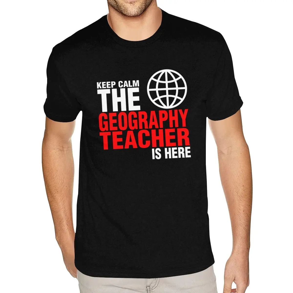 

Винтажная футболка с графическим рисунком Keep Calm The Geography Teacher Is Here для мужчин 3XL с короткими рукавами из чистого хлопка, черная футболка с круглым вырезом