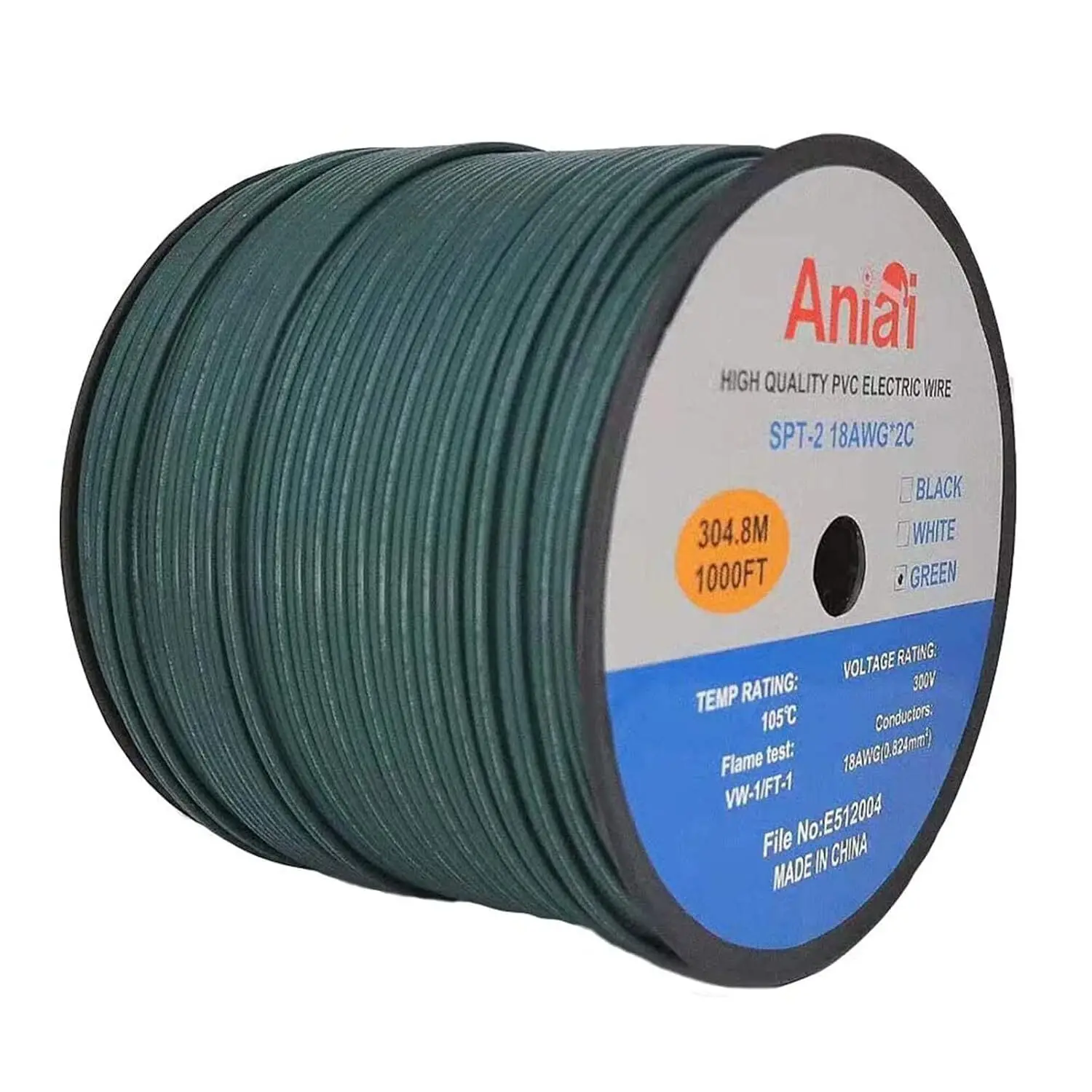 UL List 18/2 Electrical Wire,for Light and Lamp Extension Cable (1000ft-SPT2-18AWG, Green)