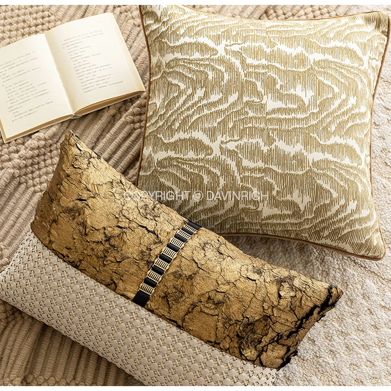 DAVINRICH Foil Gold Bronzing Leather Patchwork Waist Cushion Cover Modern Luxury Upholstered Pillow Case For Bedroom Sofa Couch