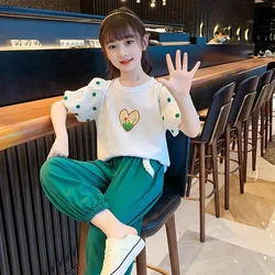 2023 Summer Girls tracksuit Kids Clothes Teenager puff sleeve t shirt Tops + long Ankle-tie pants Casual 6 7 8 10 11 12 Years