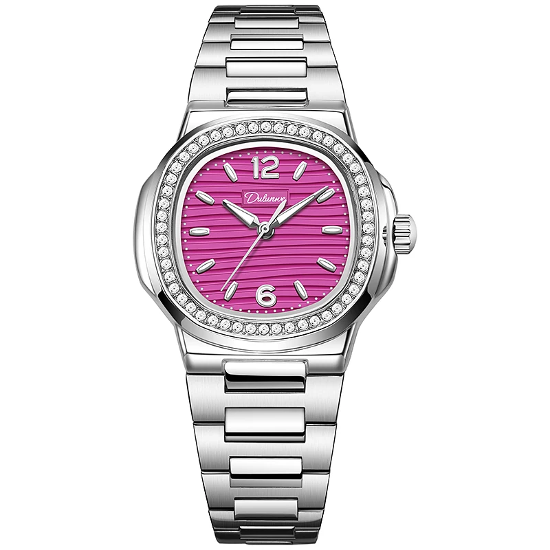 Fashion Square Female Watch Bright Pink Dial Rhinestone Bezel Silver Steel Strap Elegant Women Mechanical Wrist Watch Gift