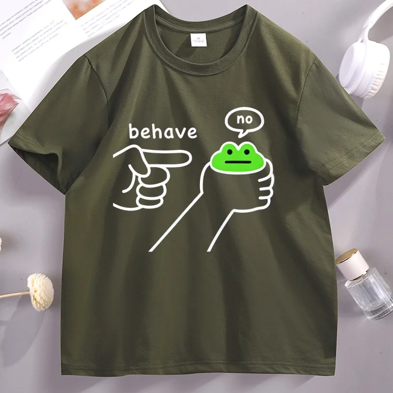 Dishonest Frog Graphic T Shirts Funny Frog Meme Behave No T-Shirt Casual Cotton Short Sleeved Tshirt Comfortable Loose Clothing