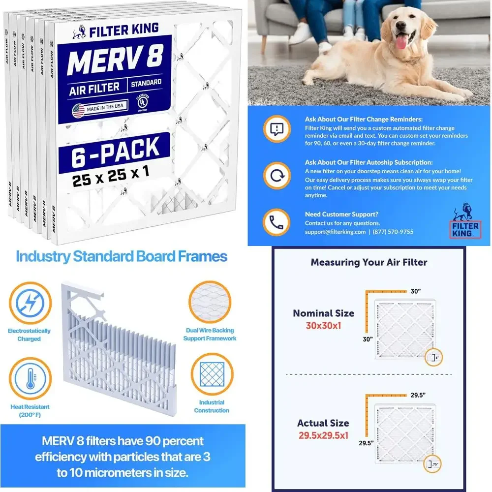 

6-Pack 25x25x1 MERV 8 Pleated Air Filters for Dust and Allergy Control, USA Made HVAC Furnace Filters