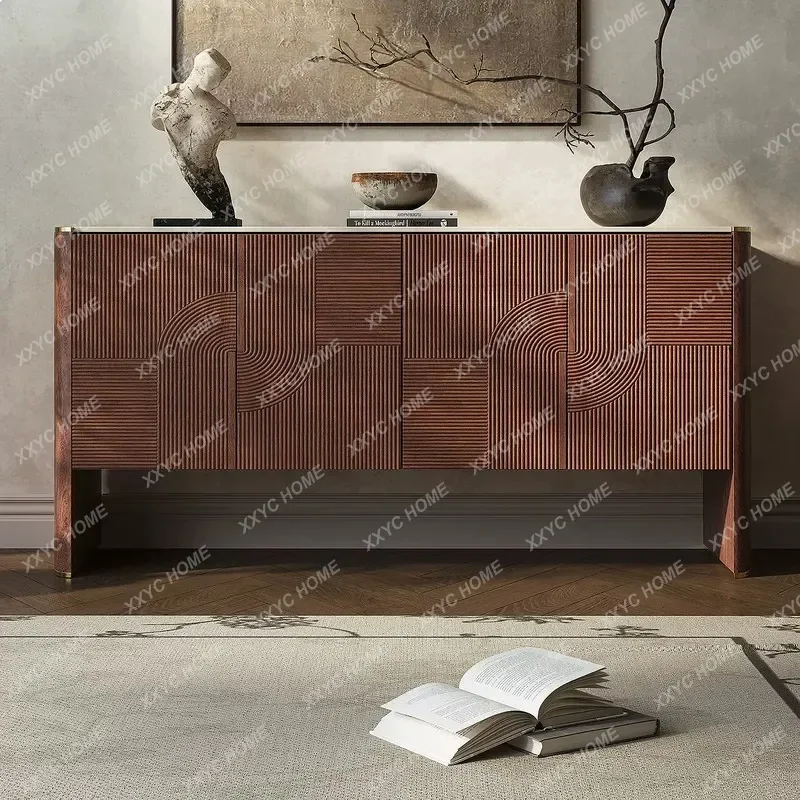 XX New Vintage Style Solid Wood Carved Sideboard Cabinet with Marble Top Luxury Storage Buffet for Living Room