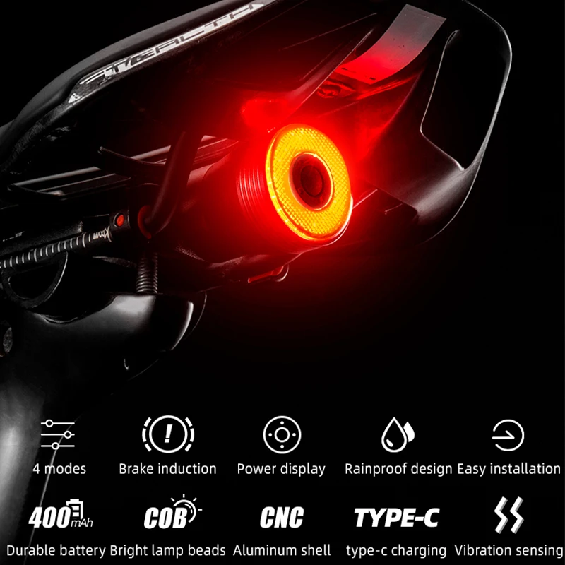 ROCKBROS Smart Bicycle Rear Light Auto Brake Sensing Tail Light Waterproof Type-C Bike Taillight MTB Road Cycling Flashlight