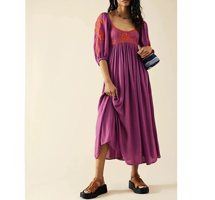 

Boho Embroidered Floral Dress Women Vintage Lantern Sleeve Backless Holiday Sundress Beach Outfit 2025
