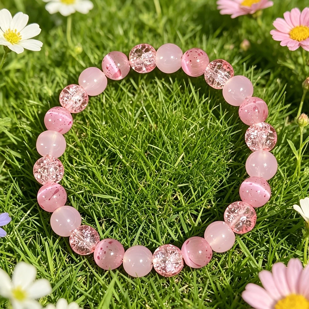 1pc Women's Two tone Explosive Pollen Crystal and Smooth Furong Stone Elastic Love Bracelet, Women's Fashion Wrist Gift