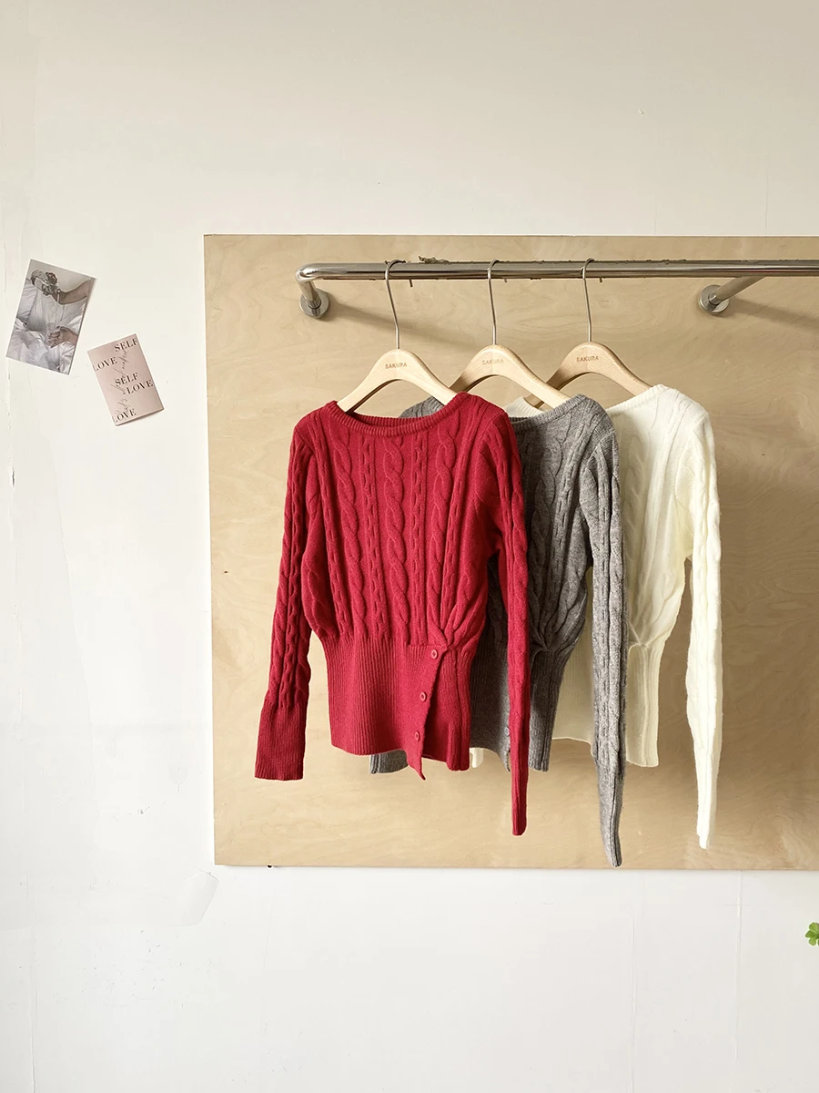Fashionable Korean Style Long Sleeve Knitted Sweater Women's Waist-Cinching Slimming Top Trendy Versatile Polyester Fiber