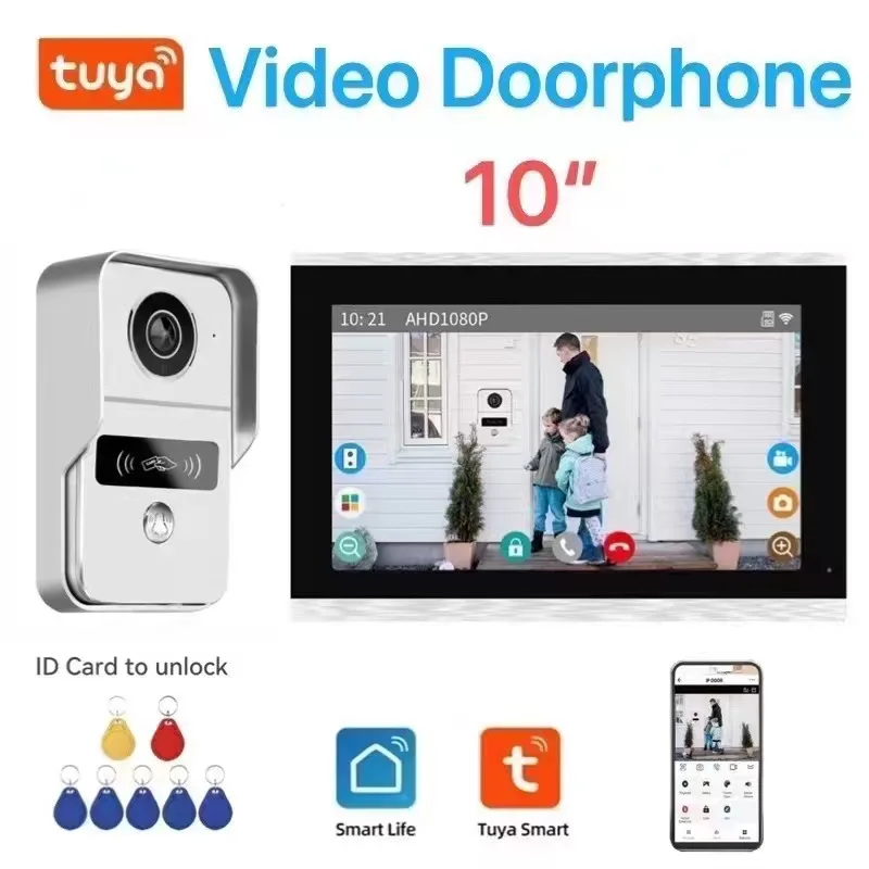 Sistema de intercomunicación para timbre de puerta, 10,1 pulgadas, HD, Color, 1080P, CMOS, Wifi, aplicación Tuya, IR, visión nocturna, cámara CCTV,