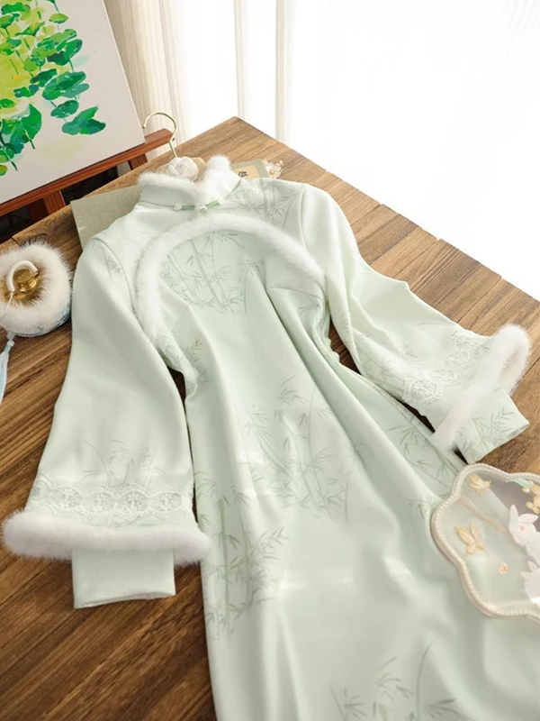 

Новинка: Женское зимнее ципао с длинным рукавом и воротником-стойкой, улучшенное, в ретро-китайском стиле, для повседневной носки