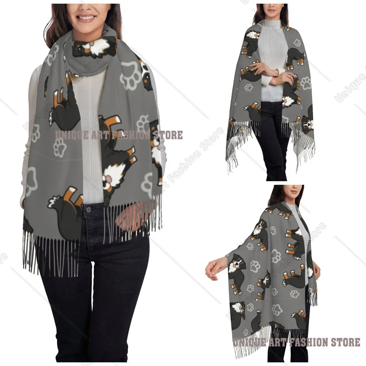 Bernese Mountain Dog Scarf for Women Fall Winter Cashmere Shawl Wrap Cartoon cute animal Large Scarves with Tassel Daily Wear