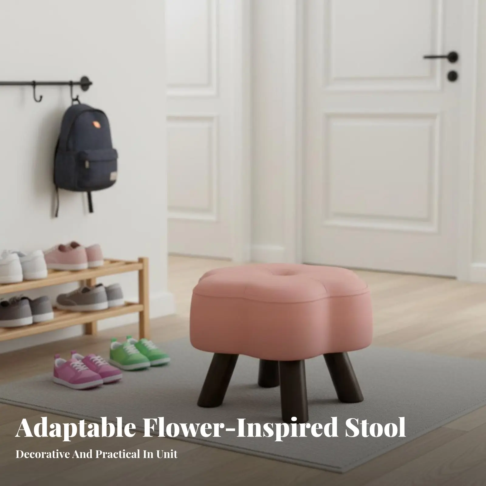 低背のパッド入りフットスツール、頑丈な木製フレーム、布張りオットマン、柔らかいパッド、多機能、子供、高齢者、玄関、寝室用