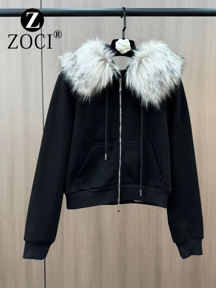 [ZOCI]  Winter Simulation Fur Hooded Long Sleeved Plus Thick Velvet Spicy Girl Street Trendy Casual Hoodie Cardigan