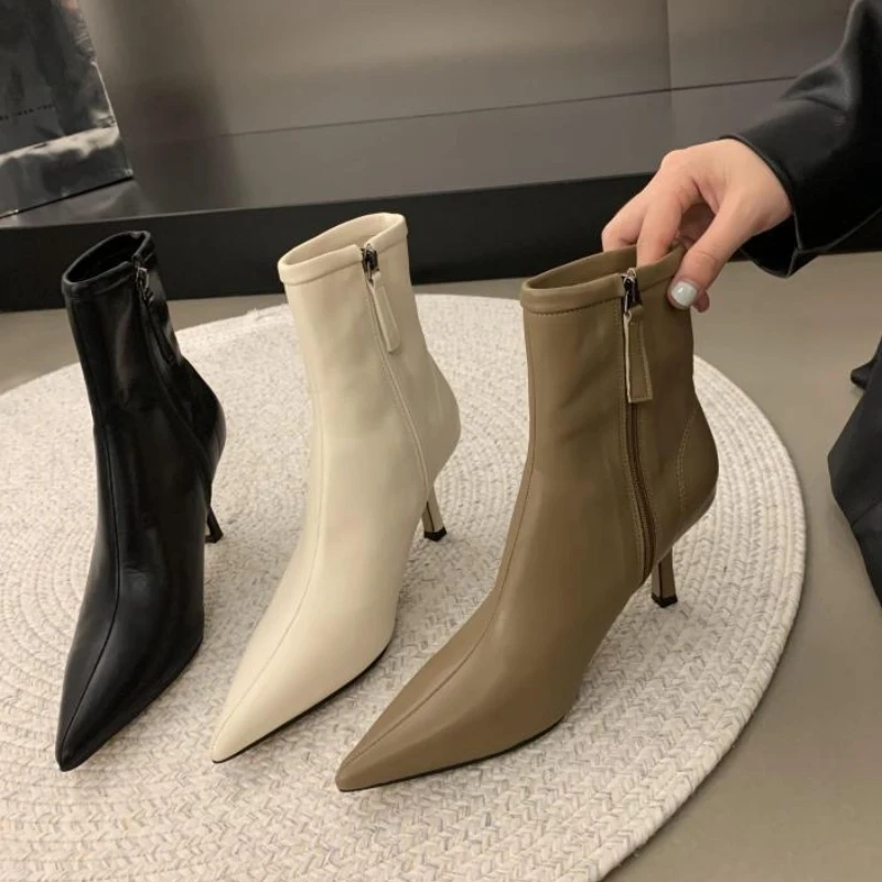 

Осенние модные тонкие ботильоны на тонком каблуке, женские туфли на молнии с острым носком, современные короткие ботильоны Zapatos De Mujer