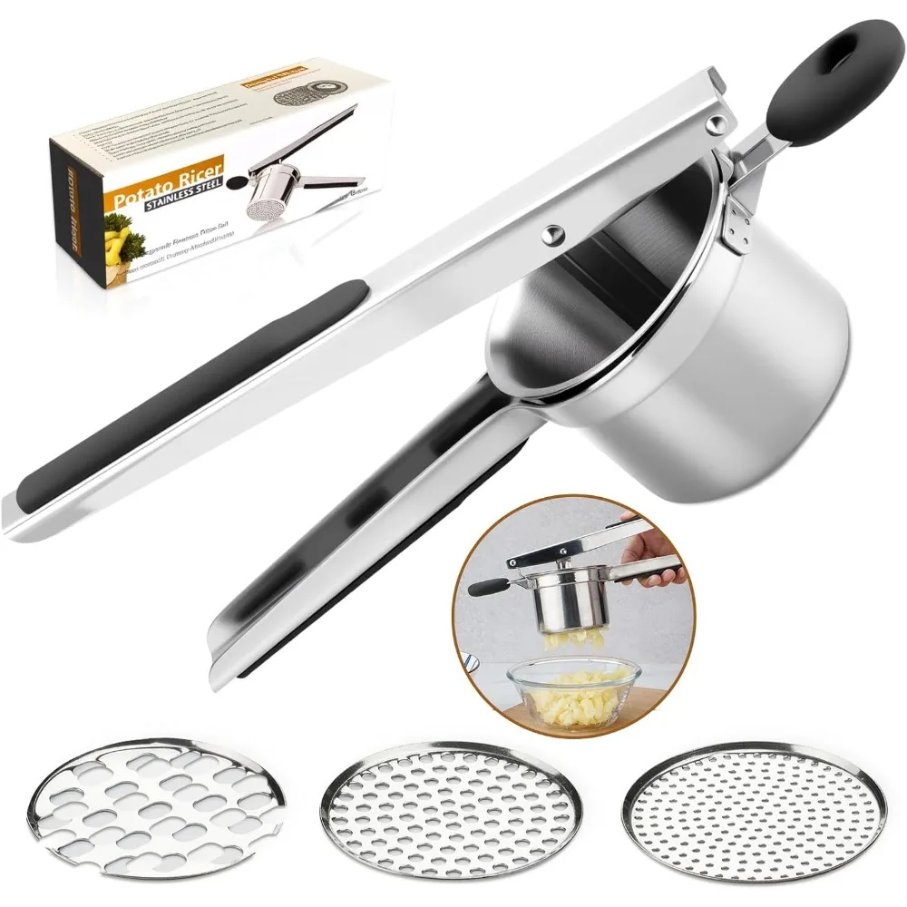 Stainless Steel Potato Masher and Ricer Fruit & Vegetable Tools  with 3 Interchangeable Discs Press Mash For Mashed Potatoes