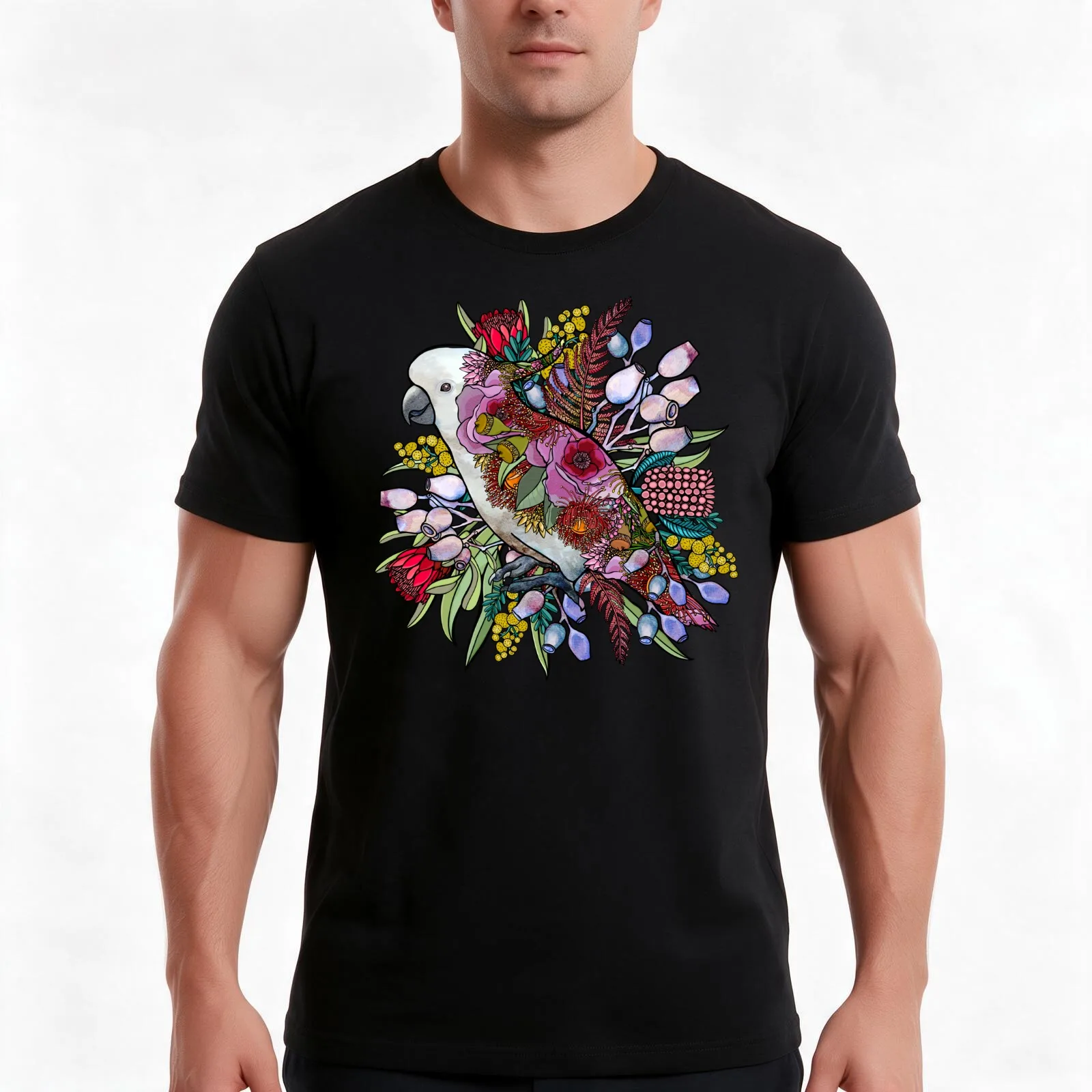 White Cockatoo Wildflower Garden T-Shirt, Summer Casual Cotton Tee, Oversized Streetwear Tops, Vintage Graphic Print