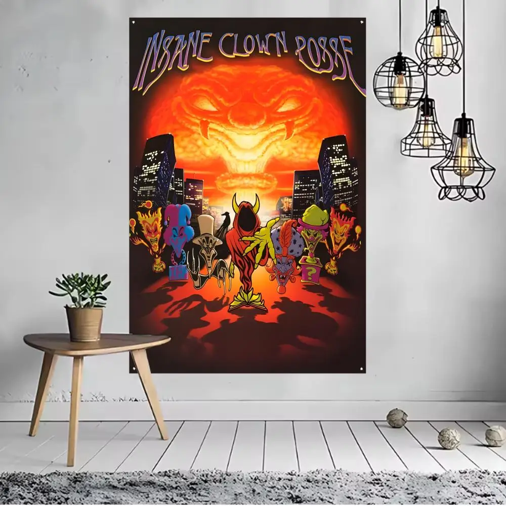 Flags for indoor decoration with no edging and four corner rings for easy hanging Insane Clown Posse band