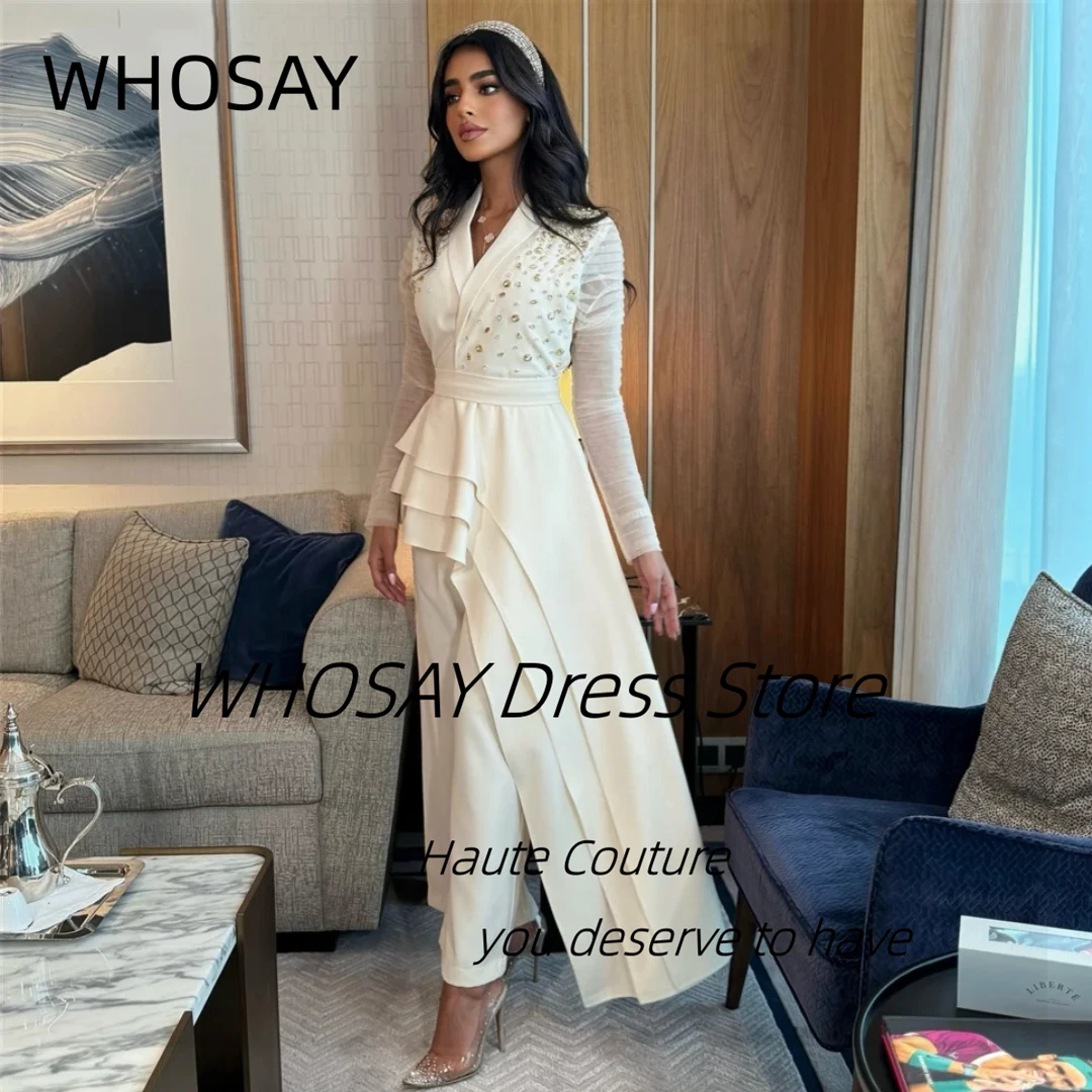 WHOSAY Two Pieces Pant Suits Prom Dresses Lapel V Neck Beaded Long Sleeves Evening Gowns with Peplum Formal Dress Customized