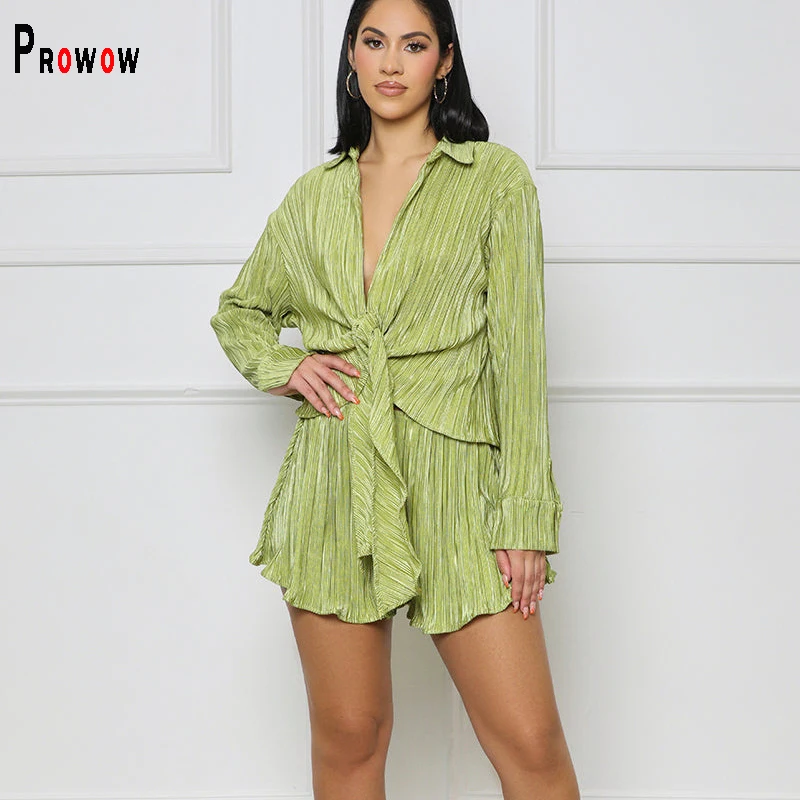 Prowow Pleated Women Clothing Set Long Sleeve Blouses Shorts Two Piece Office Lady OL Matching Suits Summer Female Streetwear