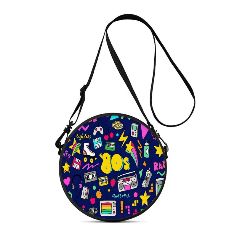 Retro Cassette‑tape Print Round Crossbody Bag Adjustable‑strap Women Purse Multi‑use Cosmetic Storage Handbag For Daily Outdoor