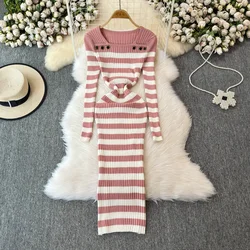 Vintage Square Collar Elegant Long Sleeve Button Patchwork Striped Knit Dress Slim Korean Fashion Women Autumn Winter Clothing