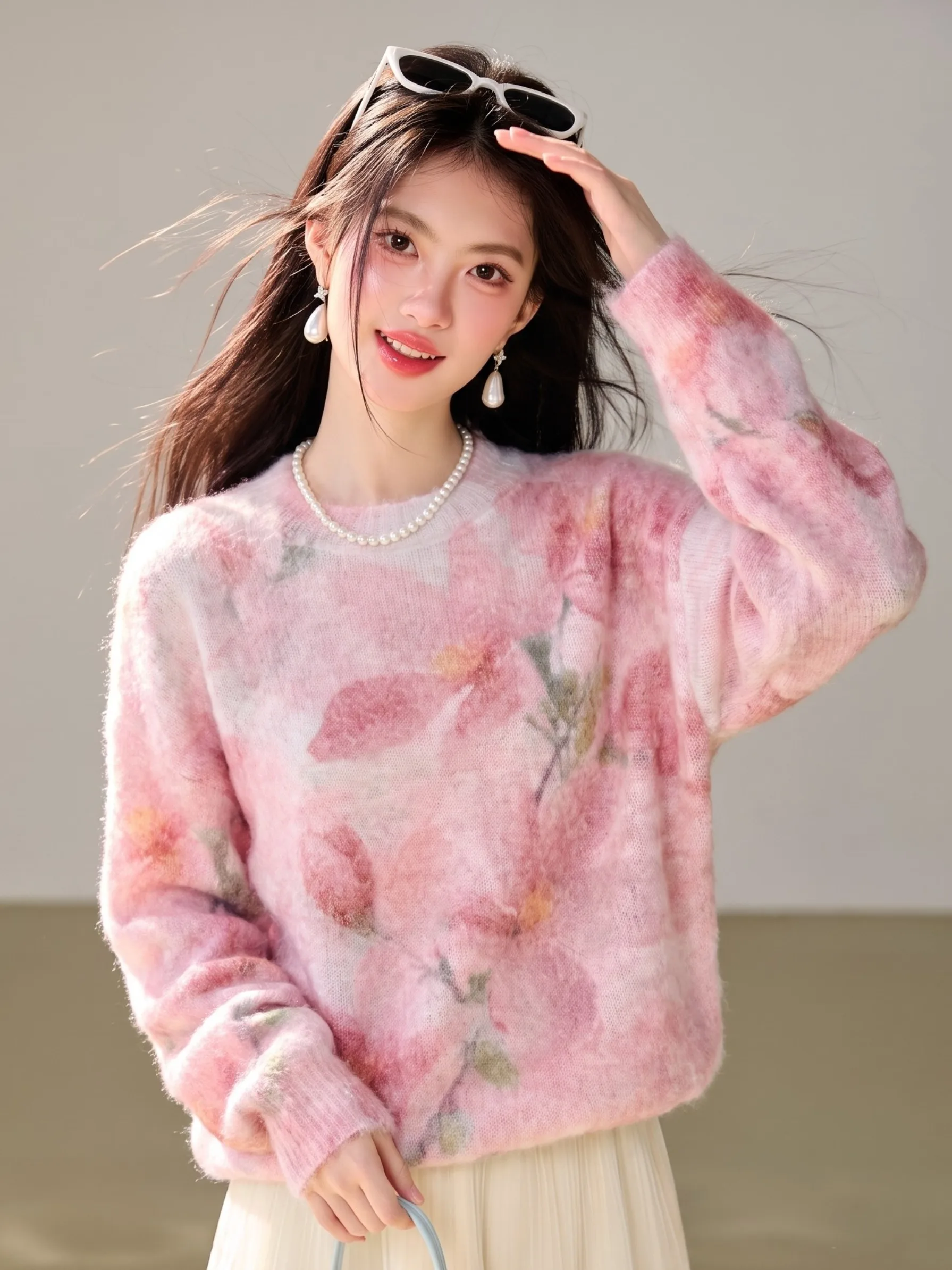 Pink Gradient Print round Neck Knitted Sweater Women's Loose Shoulder Long Sleeve Lazy Outdoor Wear Soft Cotton Sweater Top