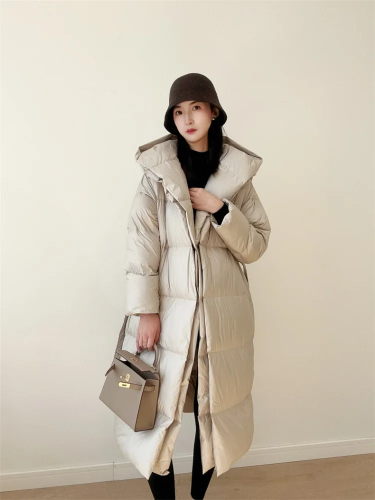 Manteau long en duvet de canard pour femme avec ceinture, veste chaude à capuche, vêtements de neige minces, monochromatique, faux 2 pièces élégants, mode 90%