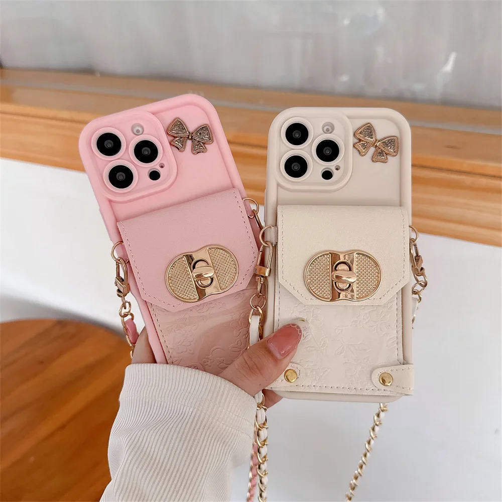 Carteira de couro com cordão crossbody e porta-cartões, capa de telefone para iphone 16 15 14 13 12 11 pro max, capa protetora à prova de choque