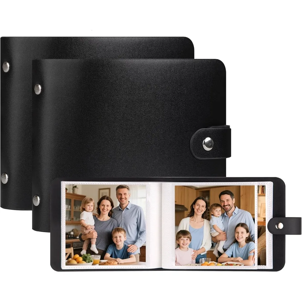 

2 Pack Small Photo Album 4x4 Hold 64 Photo Leather Cover, 4 X 4 Album Book Black Inner Page 4x4 Picture Artwork, Wedding Family
