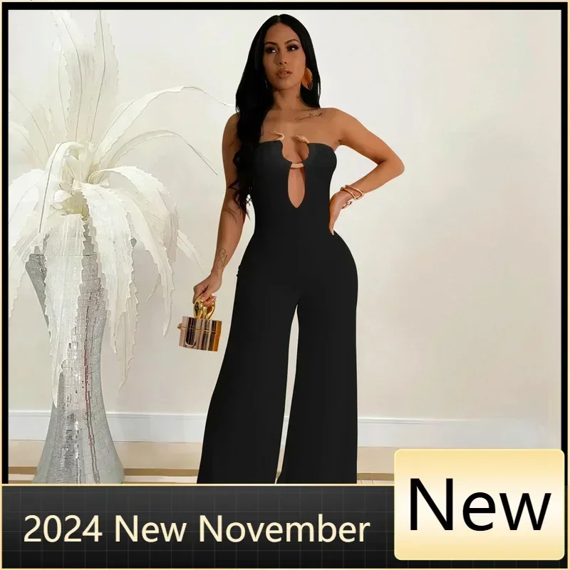 New Chic Snake Buckle Cargo Jumpsuits Casual Strapless Chest-Wrapped Wide-Leg Jumpsuit Nightclub Outfits Clubwear