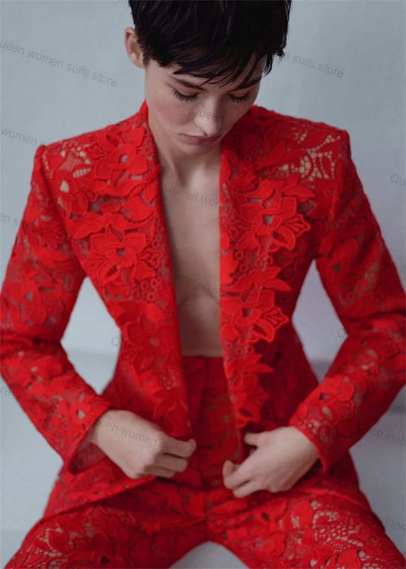 Red Lace Women Suit Pant Set 2 Piece Blazer+Trouser Sexy V Neck Formal Office Lady Coat Customized Wedding Tuxedo Prom Jacket