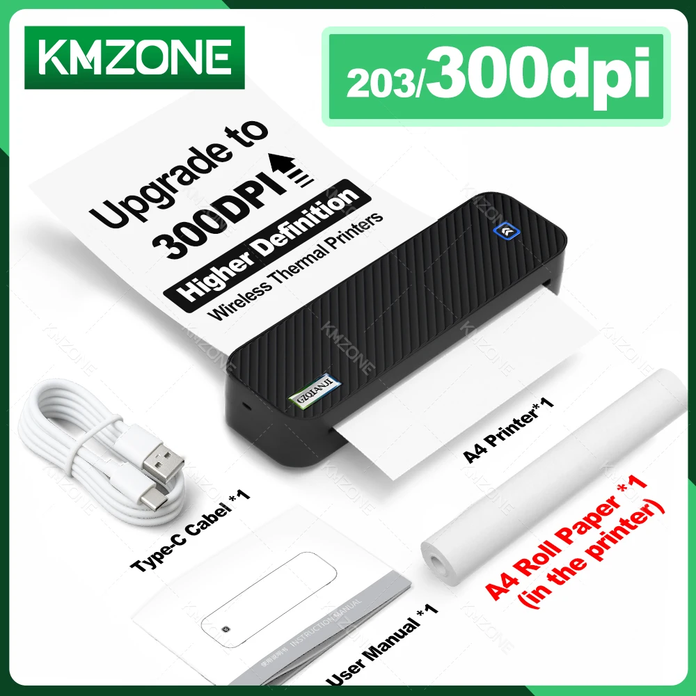 A4 Bluetooth Thermal Printer Portable Printer Wireless Machine for Trave Inkless Compatible with iOS, Android for Office or Home