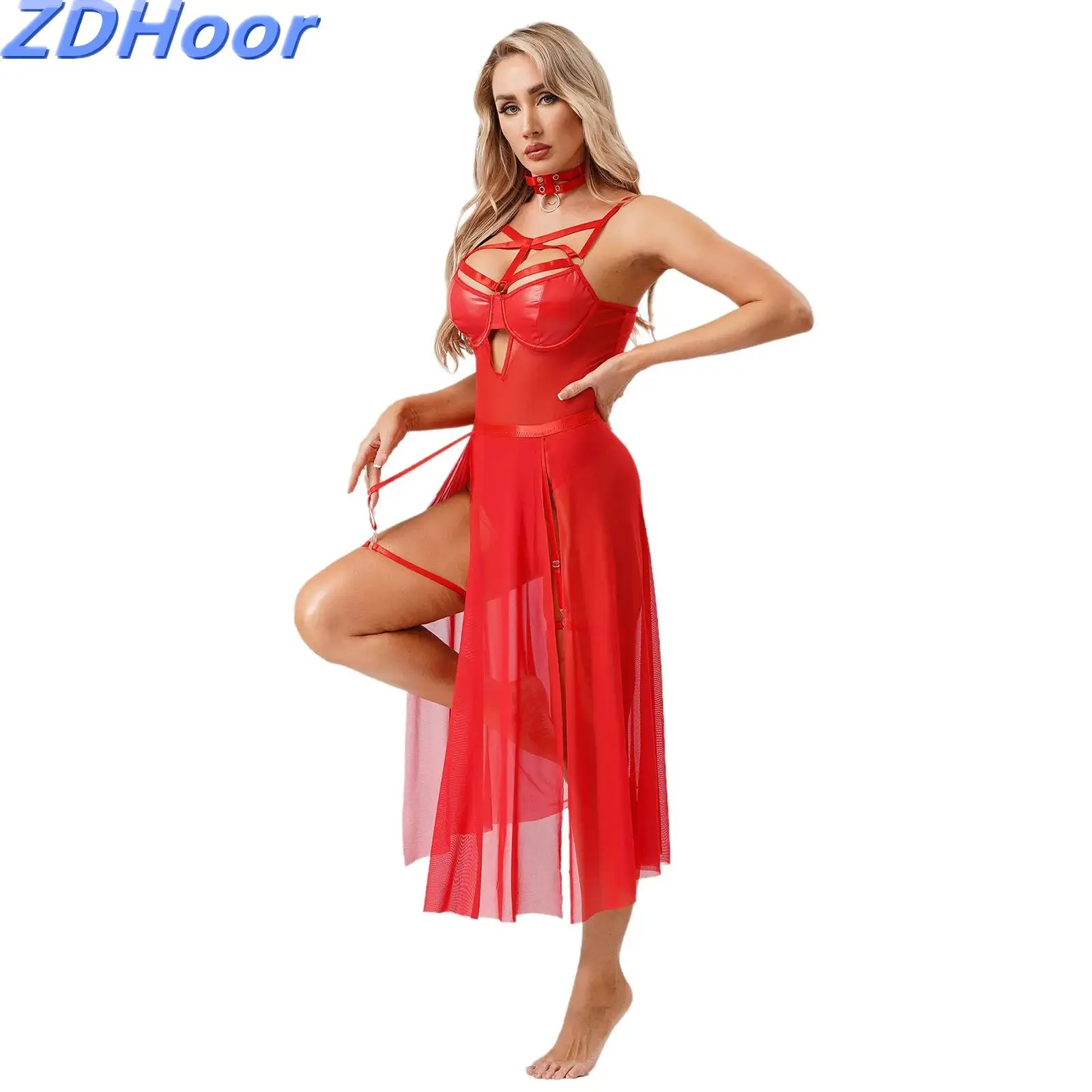 

Женское прозрачное сетчатое лоскутное ночное белье из искусственной кожи с чашками на косточках, бюстгальтер, боди с разрезом, сетчатая макси-юбка, колье, костюм нижнего белья на бедрах