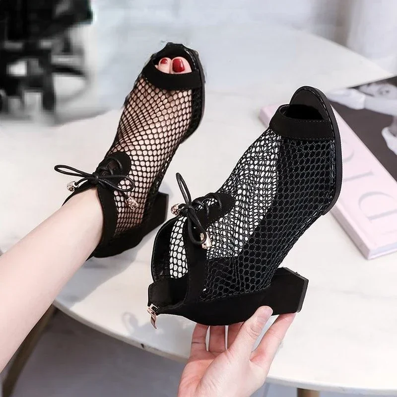 2025 New Fashion Ladies Sandals European and American Fashion Mesh Hollow High Heel Booties Thick Heel Leopard Print Fish Mouth