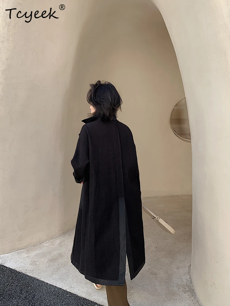 Tcyeek Schaffell Frühling Herbst High-End Trendy Quadratischer Kragen Schwarz Lange Damen Echtlederjacke Ж Ett Diego Diego Diego Diego