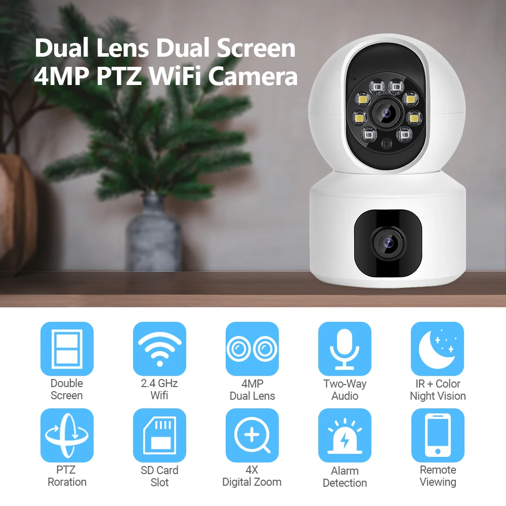 4MP Dual Lens WiFi Camera Dual Screen Baby Monitor Auto Tracking Night Vision Indoor Mini PTZ Security Surveillance IP Camera