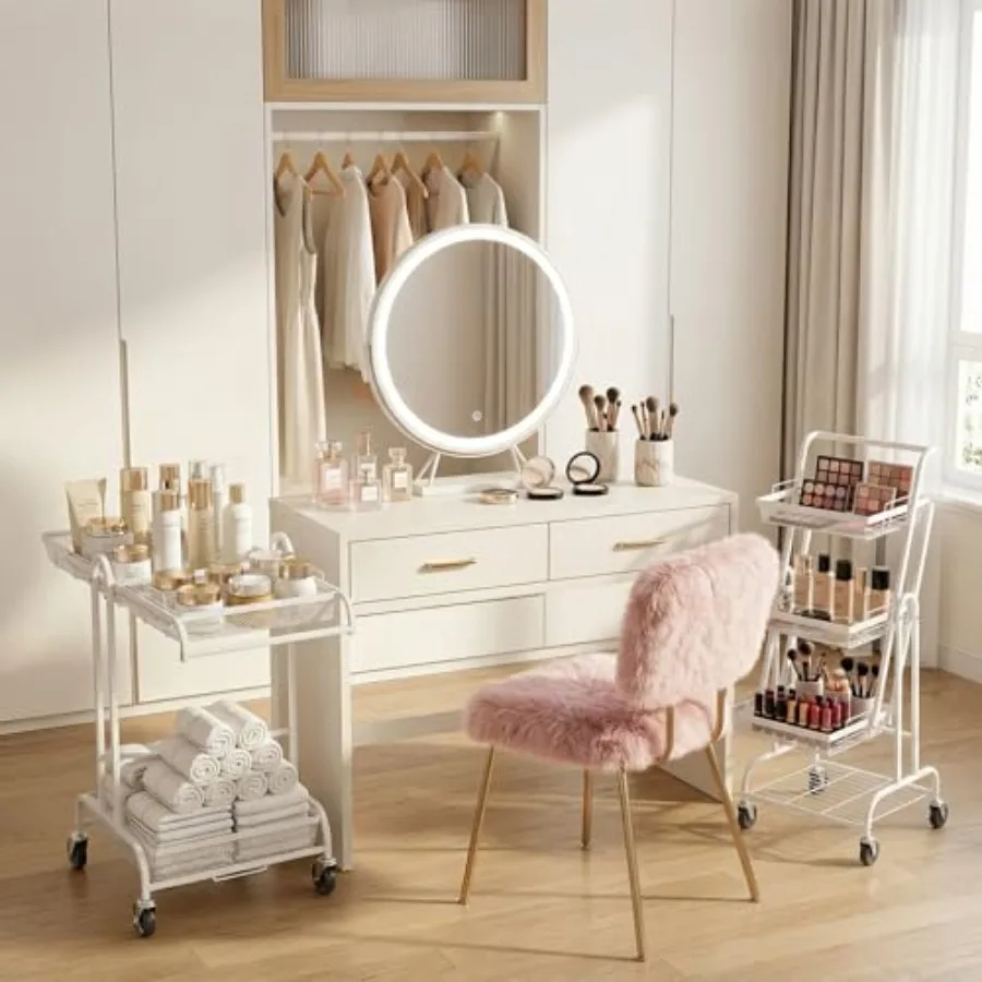 

Rolling Makeup Organizer Cart with Drawers-4 Tier Makeup Storage Cart with Enlarged Wheel 90-180 Adjustable Metal Beauty Cart w