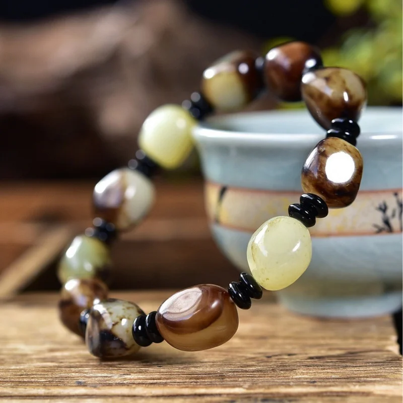 

Браслет из нефрита Hetian Seed Material Stone с бусинами свободной формы, черный кожаный, унисекс