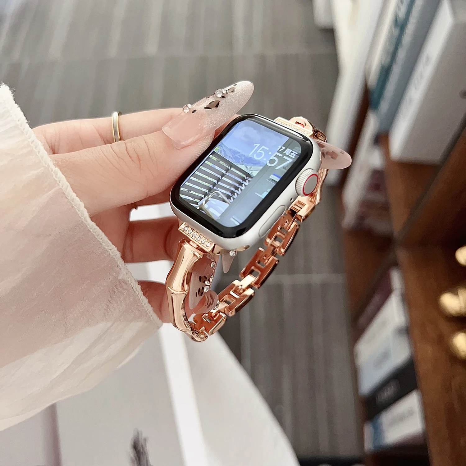 Bamboo chain strap for Apple Watch S11 S10 46/42/44/45-38mm female wristband for IWatch series 9/8/7/6/SE-4 universal 18 20 22mm