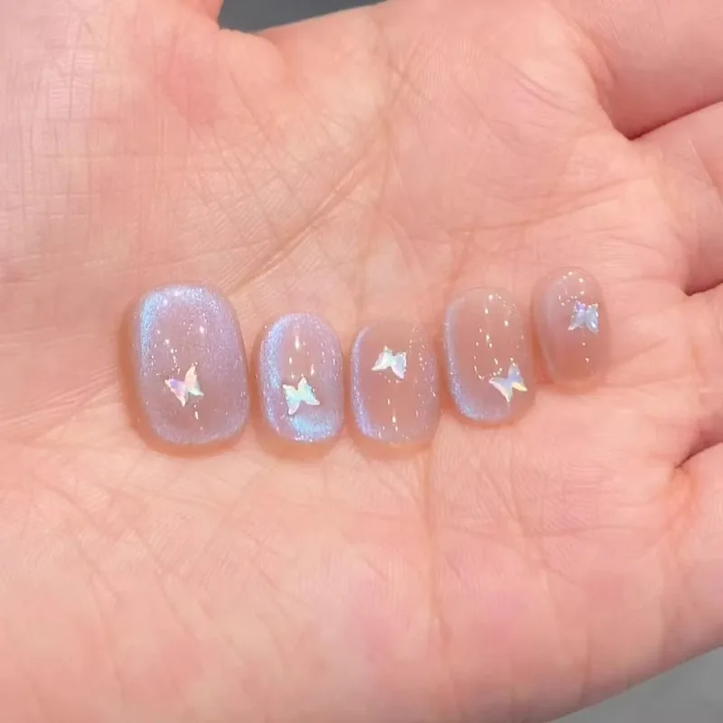

Handmade Acrylic Press on Nails with Tools Blue Cat Eye Fake Nails with Glue Nude Short Korean false Nails with Box and Tools