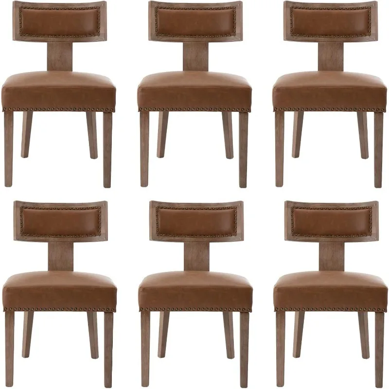 

Современные обеденные стулья середины века, набор из 6 шт., фермерский дом, мягкие акцентные стулья из искусственной кожи, изогнутая отделка гвоздя, спинка, кухня