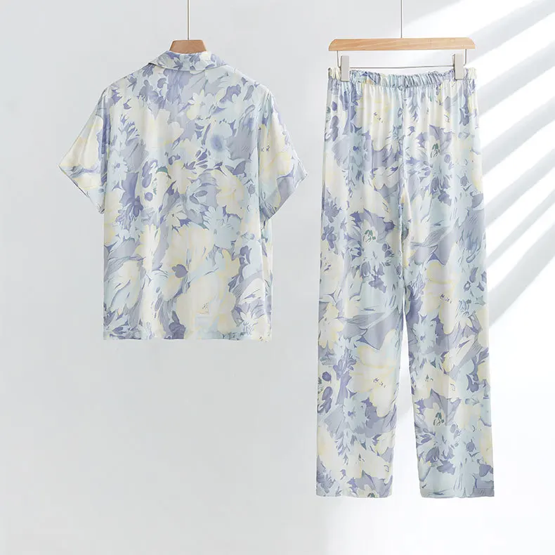 Women Two Pieces Spring Summer Pajamas Suits Flower Print Long Sleeve Pijama Comfortable Material Satin Tops With Pants Pajamas