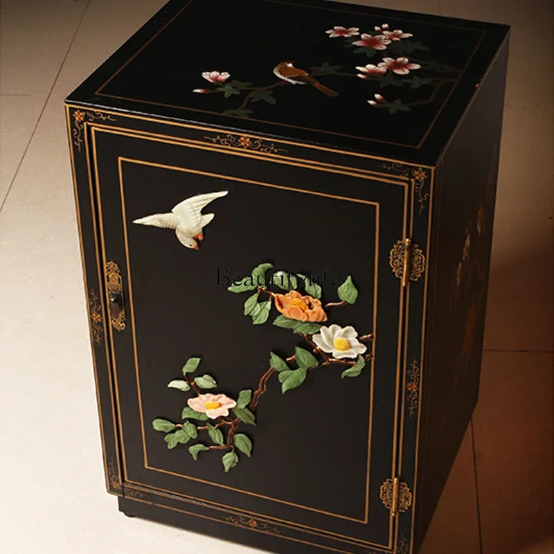 

New Chinese Furniture Inlaid Black Background Flowers and Birds Single Door Bedside Corner Cabinet Storage Small Cabinet
