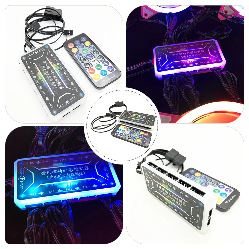 

RGB Controller ARGB Hub Splitter Multi-function 10-Fan Dual LED Strips Music Mode Remote Computer Accessories Black Adapter